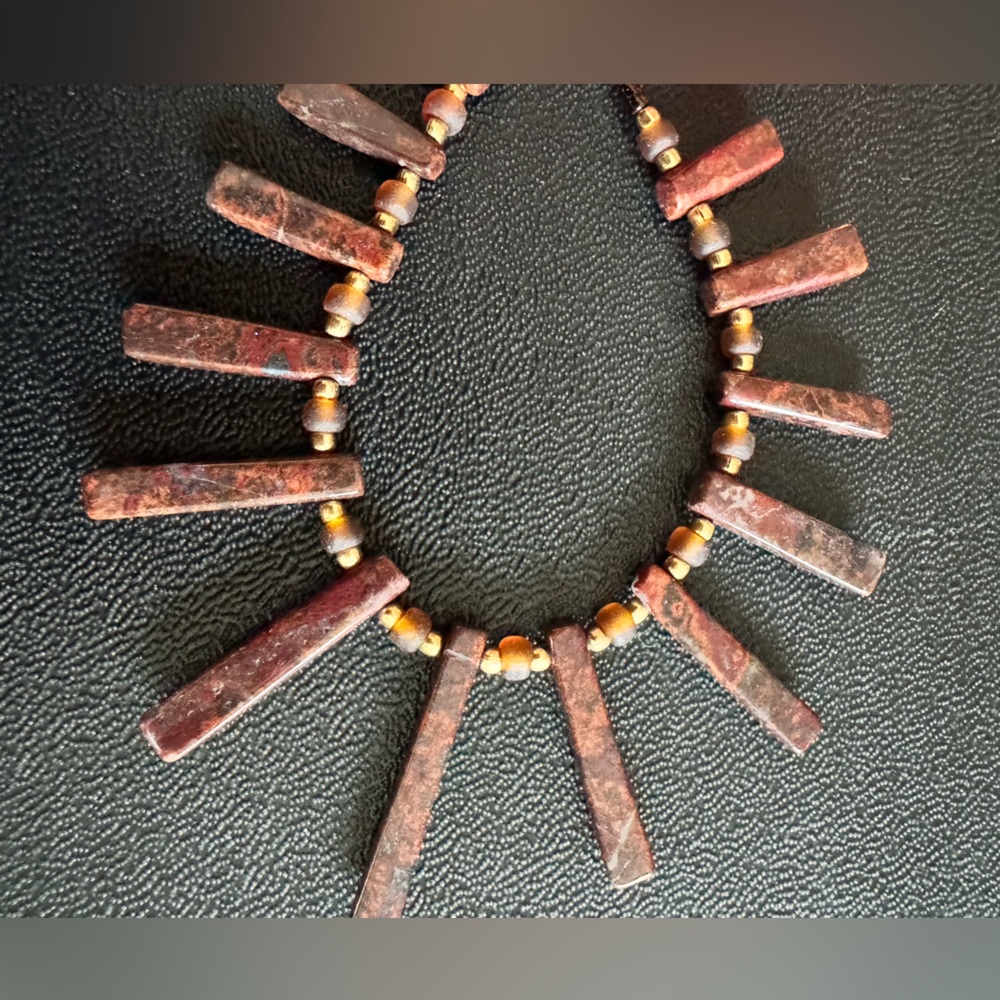 Moss Agate & Red Tiger Eye Fringe Necklace – Boho Tribal Statement - Picture 3 of 9